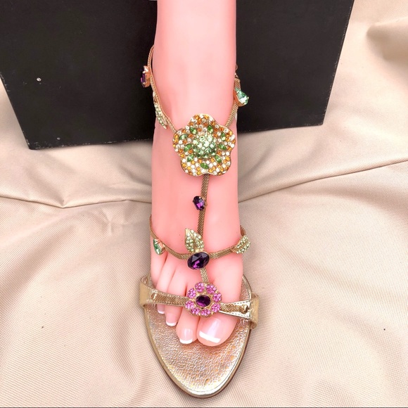 Giuseppe Zanotti gold strappy sandal heel with colorful crystals Sz 8.5